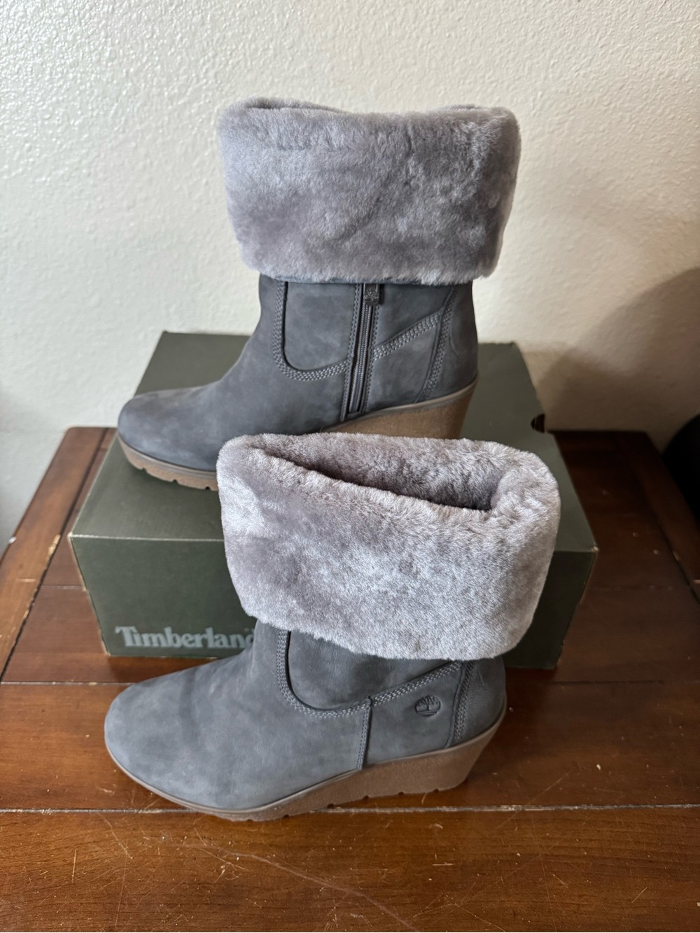 Timberland Women's Gray Faux-Fur Cuff Wedge Ankle Boots